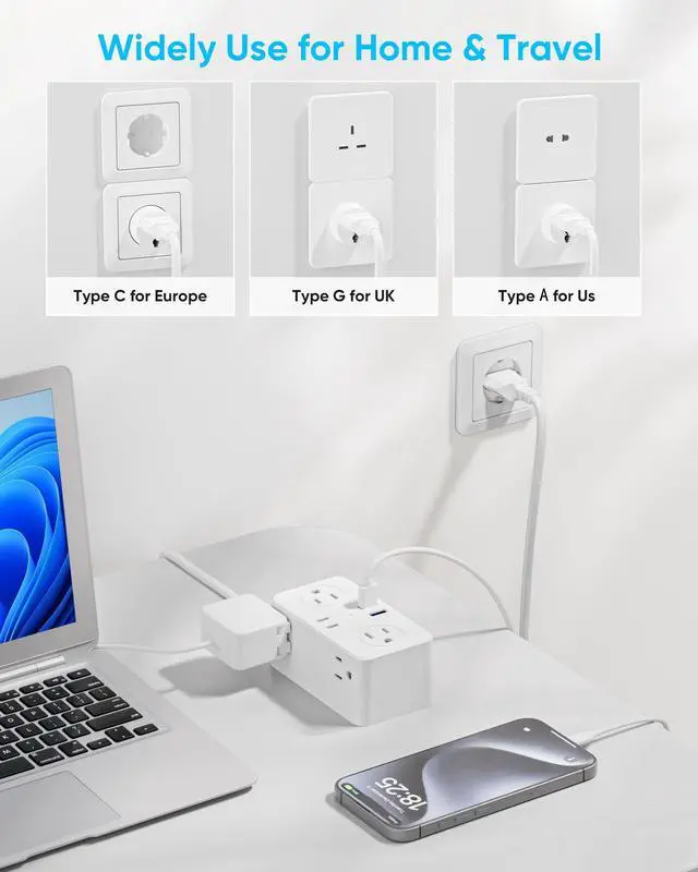 Alt view image 4 of 7 - European Travel Plug Adapter, EU/UK/US Travel Plug Adapter Power Strip, 6 AC Outlets, 4 USB Ports (2 USB C), 3ft Wrapped Around Extension Cord, Universal Travel Adapter
