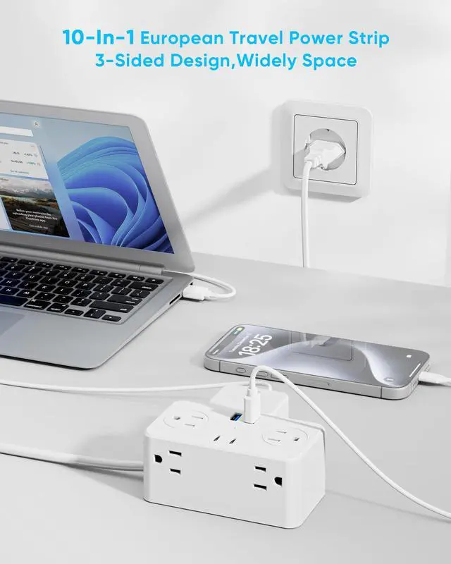Alt view image 5 of 7 - European Travel Plug Adapter, EU/UK/US Travel Plug Adapter Power Strip, 6 AC Outlets, 4 USB Ports (2 USB C), 3ft Wrapped Around Extension Cord, Universal Travel Adapter