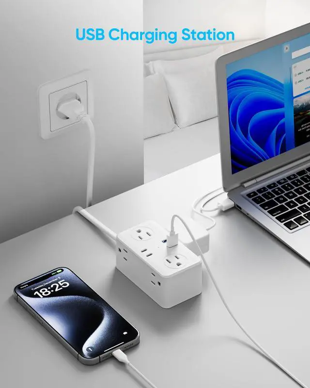 Alt view image 7 of 7 - European Travel Plug Adapter, EU/UK/US Travel Plug Adapter Power Strip, 6 AC Outlets, 4 USB Ports (2 USB C), 3ft Wrapped Around Extension Cord, Universal Travel Adapter