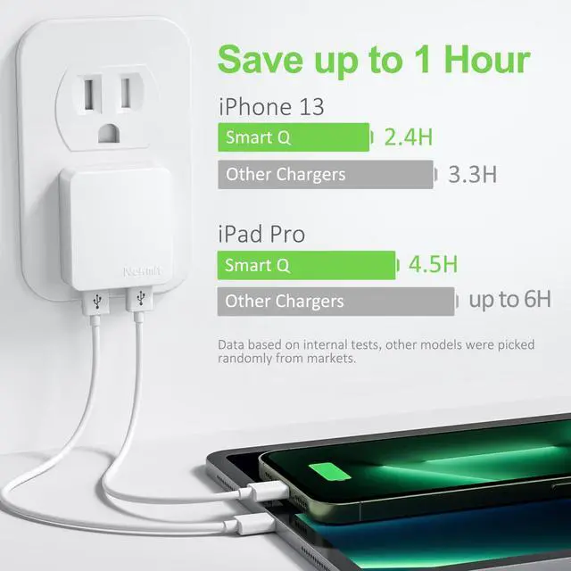 Alt view image 2 of 6 - Dual Port Ultra Thin Flat USB Wall Charger with Smart IC, White