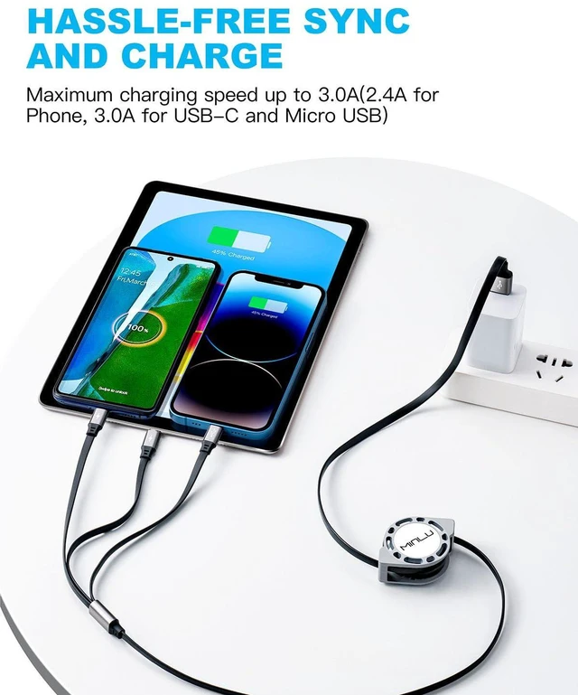 Alt view image 2 of 7 - Charging Cable , Retractable Car Charger Cord for Multiple Devices | 3 in 1 Retractable Cable,USB C Data Sync Fast Charger Cord Adapter with Lightning/Type C/Micro USB Ports for Cell Phones