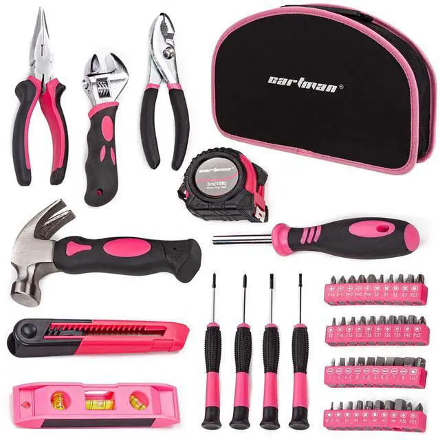 Main image of 52-Piece Tool Set Hand Tool Set with Easy Carrying Round Pouch - Perfect for DIY Pink
