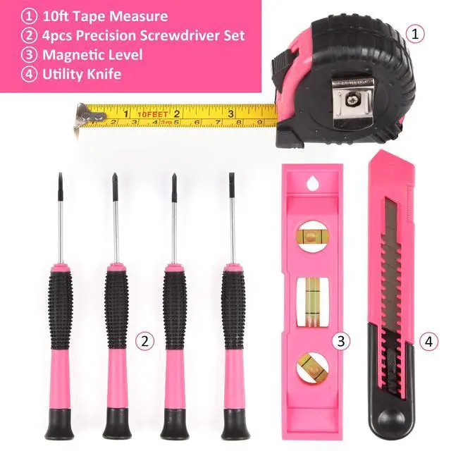 Alt view image 3 of 6 - 52-Piece Tool Set Hand Tool Set with Easy Carrying Round Pouch - Perfect for DIY Pink