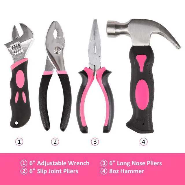 Alt view image 4 of 6 - 52-Piece Tool Set Hand Tool Set with Easy Carrying Round Pouch - Perfect for DIY Pink