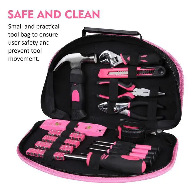 Alt view image 2 of 6 - 52-Piece Tool Set Hand Tool Set with Easy Carrying Round Pouch - Perfect for DIY Pink