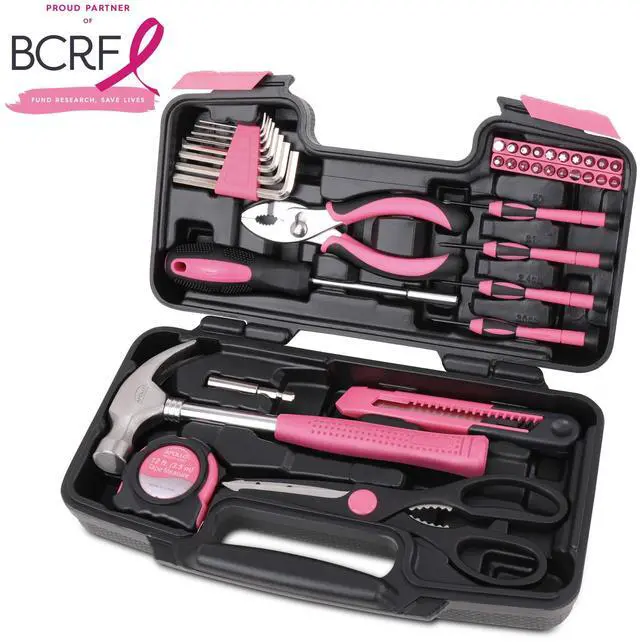 Alt view image 4 of 7 - Tools Original 39 Piece General Household Tool Set in Toolbox Storage Case with Essential Hand Tools for Everyday Home Repairs, DIY and Crafts - Pink Ribbon - DT9706P