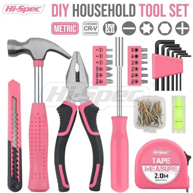 Alt view image 2 of 7 - Tool Set 25pc Pink Household DIY Tool Kit for Women. Small Mini Tool Box Set of Starter Basic Ladies Tools