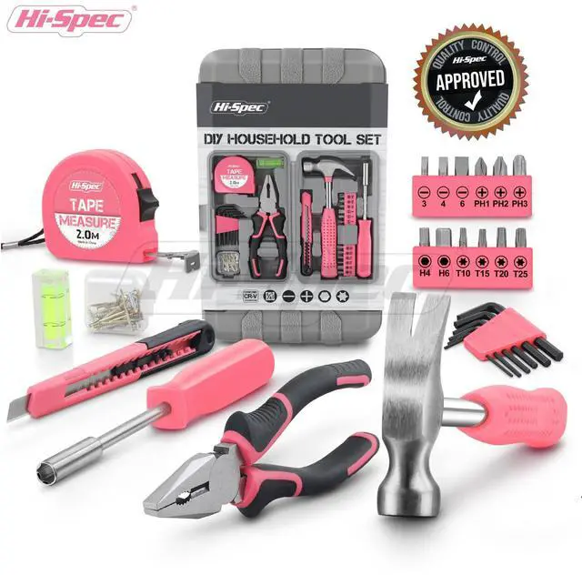 Alt view image 7 of 7 - Tool Set 25pc Pink Household DIY Tool Kit for Women. Small Mini Tool Box Set of Starter Basic Ladies Tools