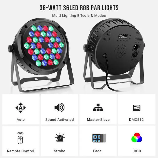 Alt view image 3 of 7 - 36LEDs RGB Stage Par Lights - OPPSK 36W Sound Activated Multi Modes - Remote DMX Control - Corded Electric - Uplights for Events DJ Music Dance Party Wedding Church Bar Club Stage Lighting (4Pack)