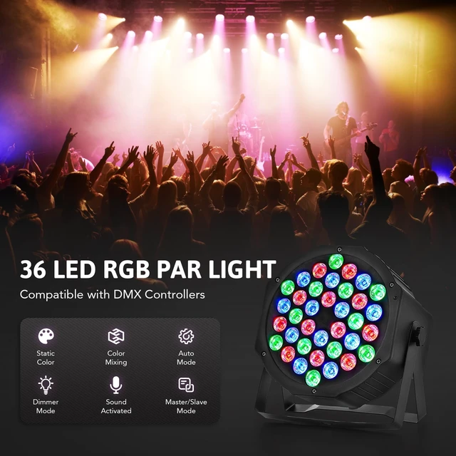 Alt view image 2 of 7 - Stage Lights 36 RGB LED Par Lights with Remote Control, 4 Pack | 36 RGB LED Par Lights (NO White Light) with Sound Activated Control DJ Uplighting for Event, Wedding, Christmas, Halloween