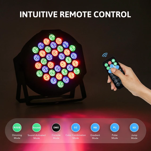 Alt view image 4 of 7 - Stage Lights 36 RGB LED Par Lights with Remote Control, 4 Pack | 36 RGB LED Par Lights (NO White Light) with Sound Activated Control DJ Uplighting for Event, Wedding, Christmas, Halloween