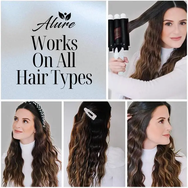 Alt view image 2 of 7 - Three Barrel Curling Iron Wand Hair Waver with LCD Temperature Display - 1 Inch Ceramic Tourmaline Triple Barrels, Dual Voltage Crimp (Black/White)