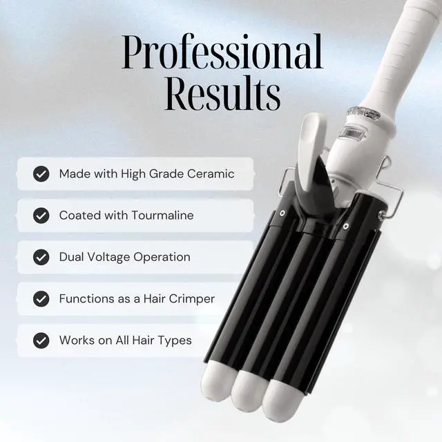 Alt view image 3 of 7 - Three Barrel Curling Iron Wand Hair Waver with LCD Temperature Display - 1 Inch Ceramic Tourmaline Triple Barrels, Dual Voltage Crimp (Black/White)