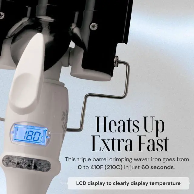 Alt view image 4 of 7 - Three Barrel Curling Iron Wand Hair Waver with LCD Temperature Display - 1 Inch Ceramic Tourmaline Triple Barrels, Dual Voltage Crimp (Black/White)