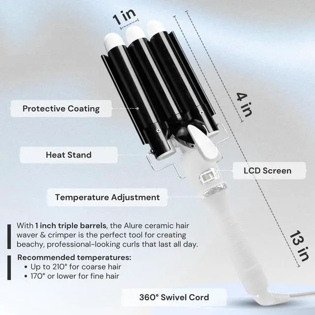 Alt view image 6 of 7 - Three Barrel Curling Iron Wand Hair Waver with LCD Temperature Display - 1 Inch Ceramic Tourmaline Triple Barrels, Dual Voltage Crimp (Black/White)
