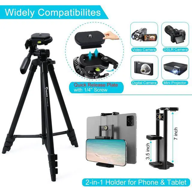 Alt view image 2 of 7 - 60'' Camera Tripod Camera Stand for Canon Rebel Eos Nikon DSLR, Travel Tripods for Phone Tablet with Remote Black