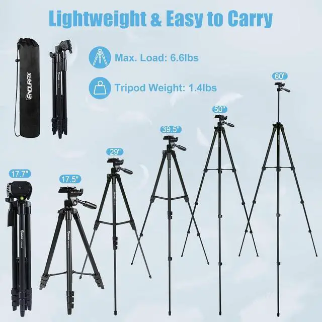 Alt view image 6 of 7 - 60'' Camera Tripod Camera Stand for Canon Rebel Eos Nikon DSLR, Travel Tripods for Phone Tablet with Remote Black