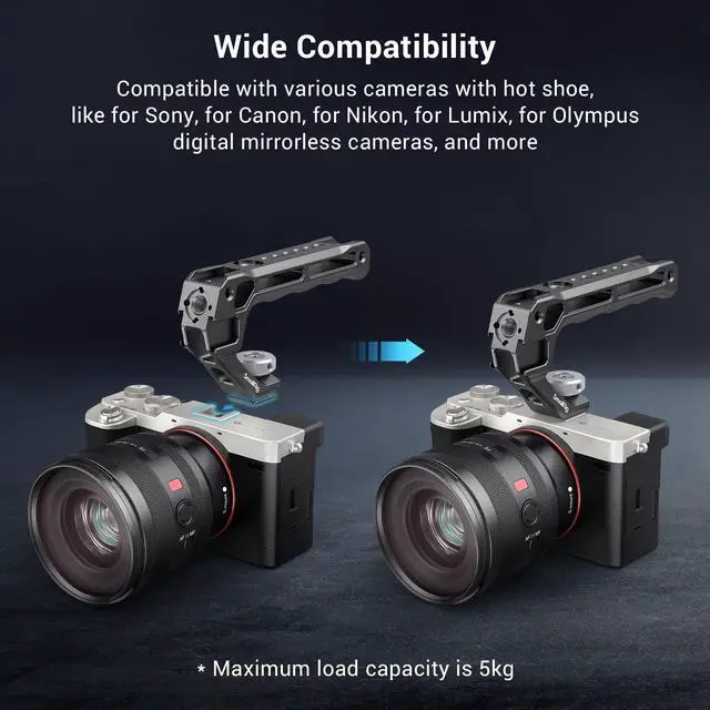 Alt view image 3 of 7 - Lightweight Top Handle, Grip for DSLR Camera Cage, Universal Handle with 5 Cold Shoe Adapters and Cold Shoe Base (Lite) - 3764