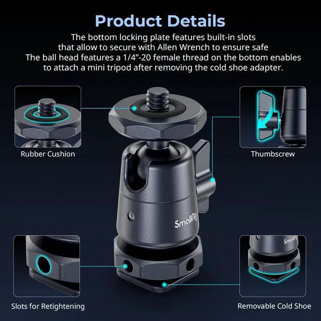 Alt view image 5 of 7 - Mini Ball Head (2 Pack) with 1/4" Screw and Removable Shoe Mount, 360 Degree Rotatable Aluminum Tripod Head for Camera Tripods Monopods Camcorder Light Microphone, Max. Load 1.5 kg - 2948B