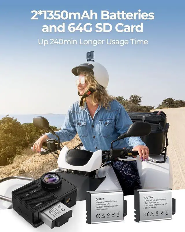 Alt view image 4 of 5 - 4K60fps Action Camera Waterproof Camera with 64G SD Card 48MP HD WiFi Camera with EIS 40M UnderwaterCamera Wide Angle SportsCamera with 2 * 1350 mAh Batteries Helmet Mount Accessories Kits