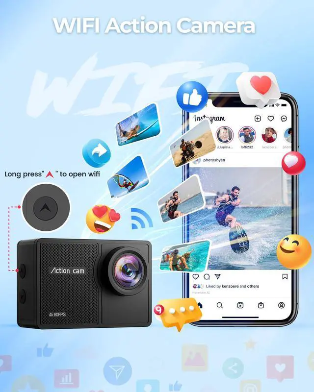 Alt view image 5 of 5 - 4K60fps Action Camera Waterproof Camera with 64G SD Card 48MP HD WiFi Camera with EIS 40M UnderwaterCamera Wide Angle SportsCamera with 2 * 1350 mAh Batteries Helmet Mount Accessories Kits