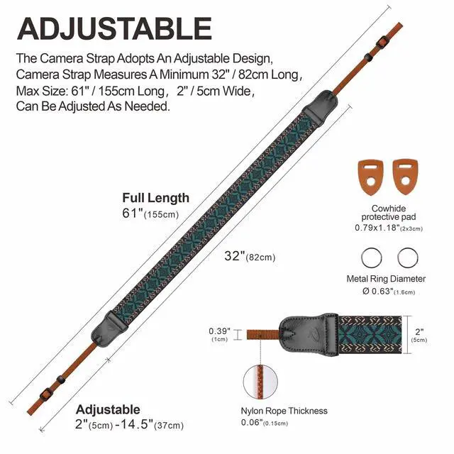 Alt view image 4 of 7 - Mystic Green Embroidered Camera Strap - Double Layer Cowhide Ends,2" Cotton Vintage Camera Straps, Adjustable Neck & Shoulder Strap for All DSLR Cameras,Great Gift for Photographers