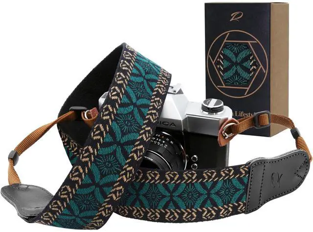 Main image of Mystic Green Embroidered Camera Strap - Double Layer Cowhide Ends,2" Cotton Vintage Camera Straps, Adjustable Neck & Shoulder Strap for All DSLR Cameras,Great Gift for Photographers