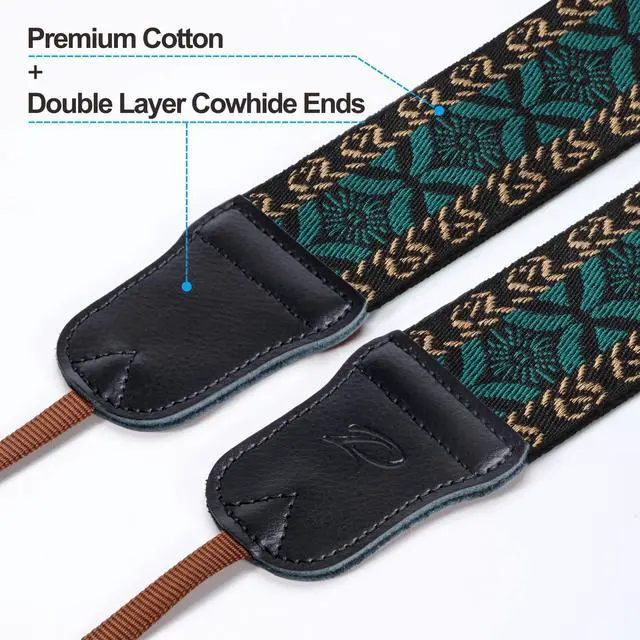 Alt view image 2 of 7 - Mystic Green Embroidered Camera Strap - Double Layer Cowhide Ends,2" Cotton Vintage Camera Straps, Adjustable Neck & Shoulder Strap for All DSLR Cameras,Great Gift for Photographers