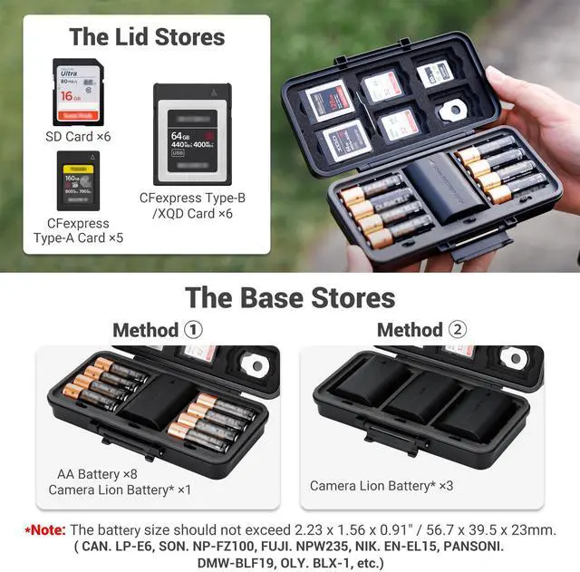 Alt view image 2 of 7 - Multi-Function Camera Battery Memory Card Storage Case for 6 SD Card,6 CFexpress Type-B/XQD Cards,5 CFexpress Type-A Cards,8 AA Batteries,3 Camera Batteries Holder Box for LP-E6 NP-FZ100 NPW235