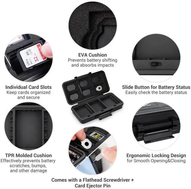 Alt view image 4 of 7 - Multi-Function Camera Battery Memory Card Storage Case for 6 SD Card,6 CFexpress Type-B/XQD Cards,5 CFexpress Type-A Cards,8 AA Batteries,3 Camera Batteries Holder Box for LP-E6 NP-FZ100 NPW235