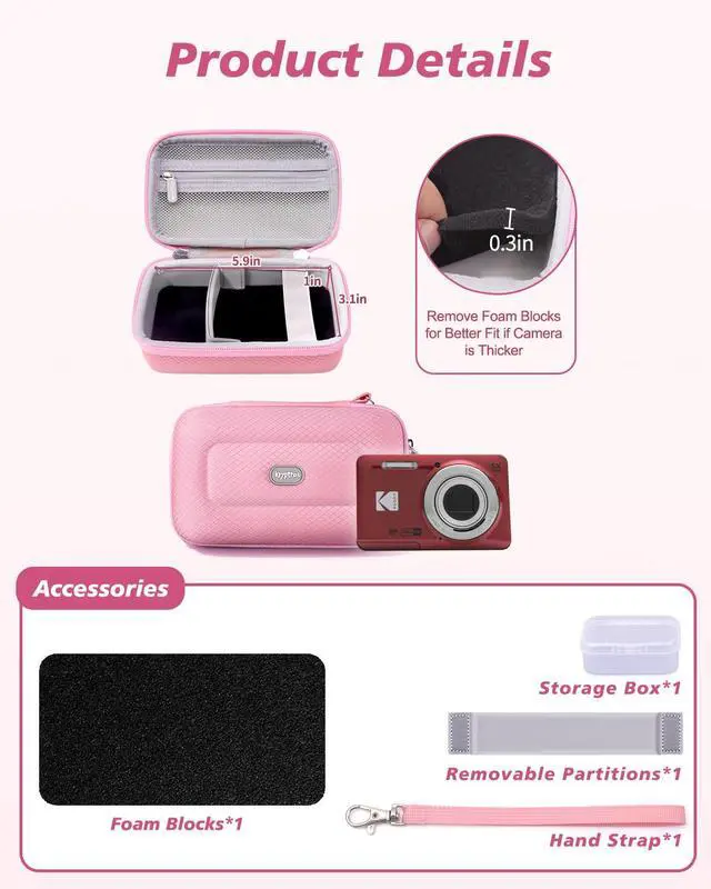 Alt view image 3 of 7 - Digital Camera Case Compatible with Kodak Pixpro FZ55/ FZ45, Canon G7 X, CAMKORY and More, Small Protective Camera Case for Travel and Home Storage with SD Card Case (Pink)