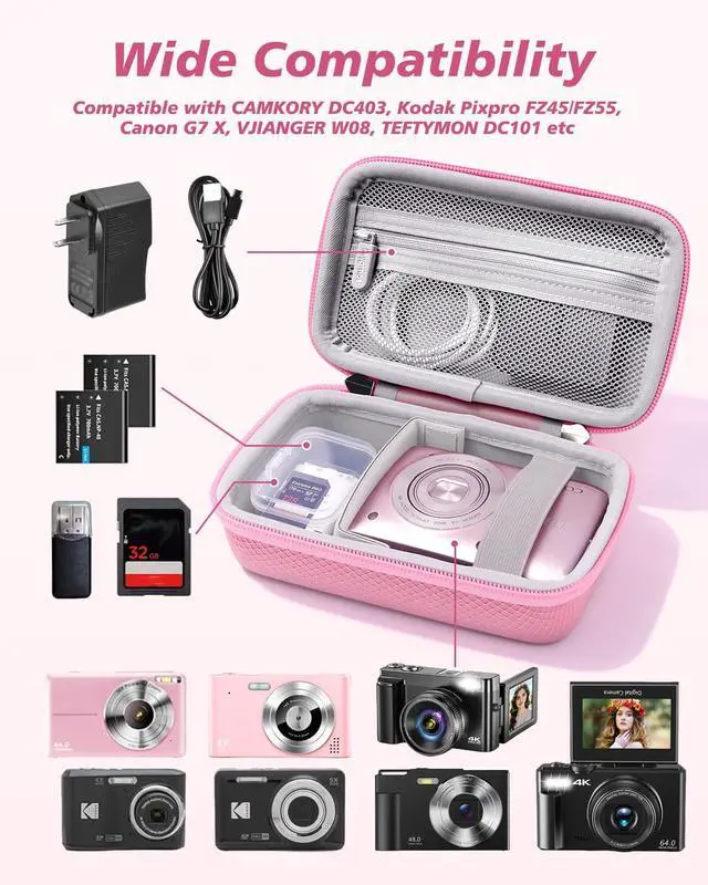 Alt view image 2 of 7 - Digital Camera Case Compatible with Kodak Pixpro FZ55/ FZ45, Canon G7 X, CAMKORY and More, Small Protective Camera Case for Travel and Home Storage with SD Card Case (Pink)