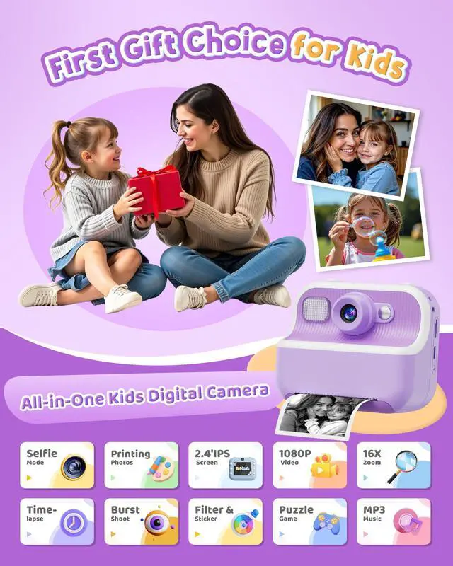 Alt view image 2 of 7 - Instant Camera, Front Rear Dual Selfie Kids Camera with 1080P Videos, Holiday Birthday Gifts for Kids Age 3-12, Toddler Portable Travel Print Digital Camera Toy for 4 5 6 7 8 9 Year Boys Girls