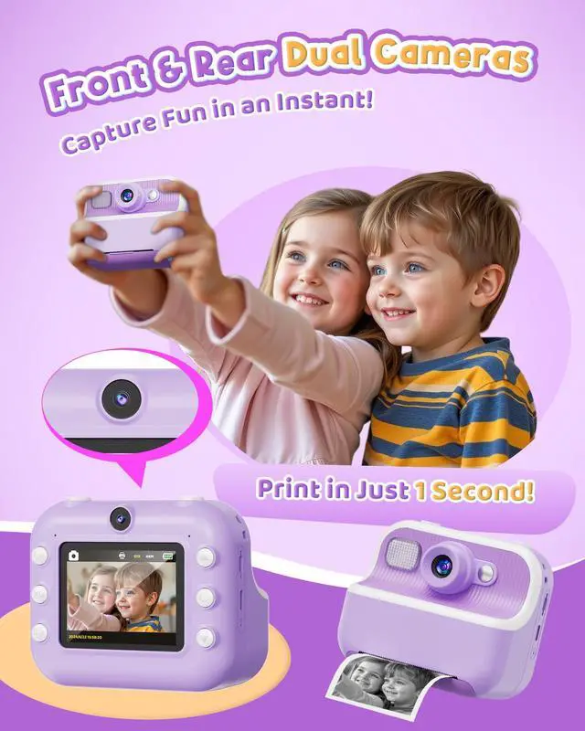 Alt view image 3 of 7 - Instant Camera, Front Rear Dual Selfie Kids Camera with 1080P Videos, Holiday Birthday Gifts for Kids Age 3-12, Toddler Portable Travel Print Digital Camera Toy for 4 5 6 7 8 9 Year Boys Girls