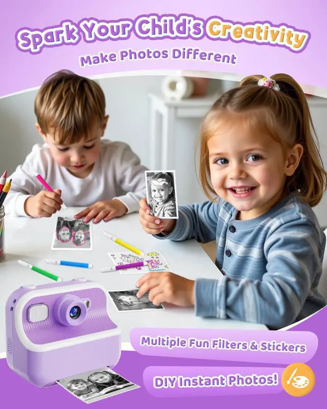 Alt view image 5 of 7 - Instant Camera, Front Rear Dual Selfie Kids Camera with 1080P Videos, Holiday Birthday Gifts for Kids Age 3-12, Toddler Portable Travel Print Digital Camera Toy for 4 5 6 7 8 9 Year Boys Girls