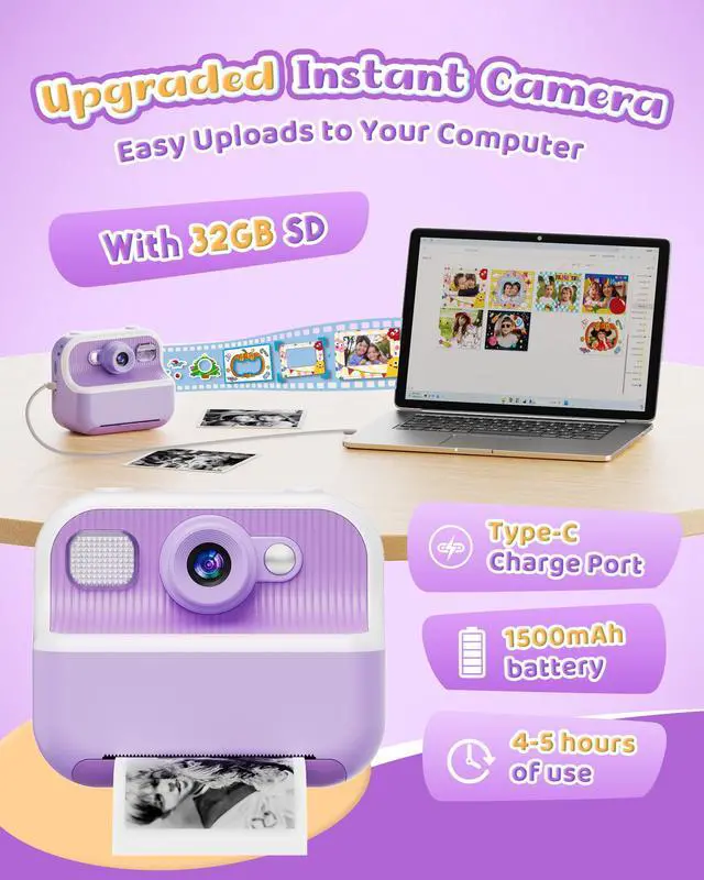 Alt view image 7 of 7 - Instant Camera, Front Rear Dual Selfie Kids Camera with 1080P Videos, Holiday Birthday Gifts for Kids Age 3-12, Toddler Portable Travel Print Digital Camera Toy for 4 5 6 7 8 9 Year Boys Girls
