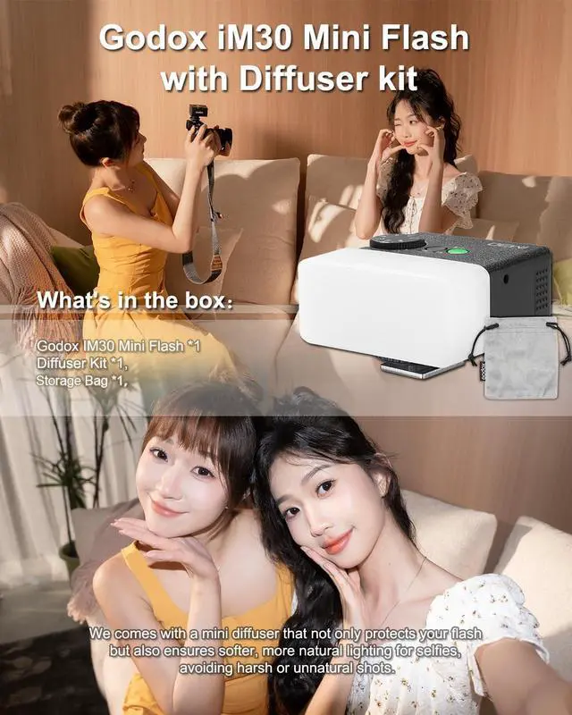 Alt view image 2 of 7 - iM30 Mini Flash with Diffuser for Canon, Nikon, Sony, Fuji, Olympus Single-Contact Hotshoe Cameras, Speedlite GN15, 7-Level Power Adjustment, 230 Flashes, S1/S2 Optical Slave Modes