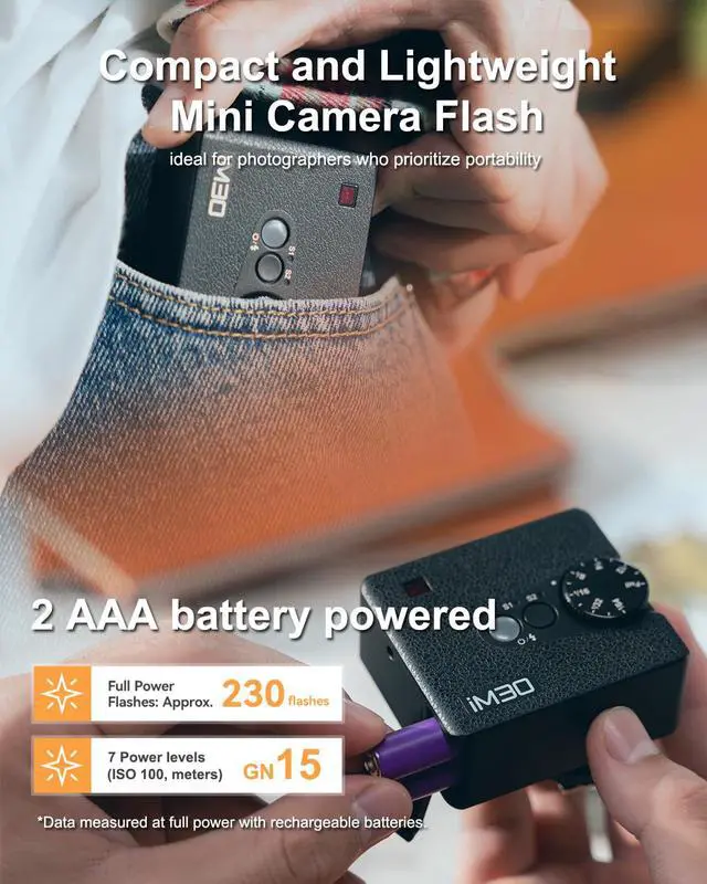 Alt view image 4 of 7 - iM30 Mini Flash with Diffuser for Canon, Nikon, Sony, Fuji, Olympus Single-Contact Hotshoe Cameras, Speedlite GN15, 7-Level Power Adjustment, 230 Flashes, S1/S2 Optical Slave Modes