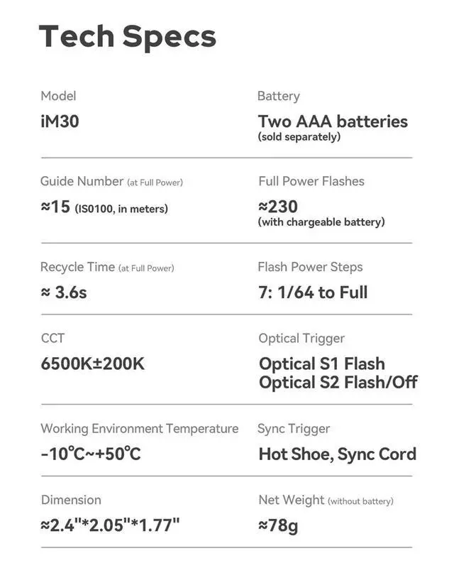 Alt view image 6 of 7 - iM30 Mini Flash with Diffuser for Canon, Nikon, Sony, Fuji, Olympus Single-Contact Hotshoe Cameras, Speedlite GN15, 7-Level Power Adjustment, 230 Flashes, S1/S2 Optical Slave Modes