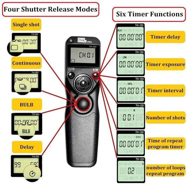 Alt view image 2 of 7 - Timer Shutter Release TW283-N3 Wireless Remote Control Compatible with Canon 5D Mark-III/Mark-IV 5D R5 R5C 10D 1DX 1DC 1DS 1D 5DS 5DSR 20D 6D 7D Mark-II 7D 50D 40D 30D D60 D30 D2000