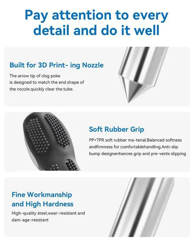 Alt view image 6 of 7 - Official Clog Poke, 0.4mm Needles Cleaner Perfect for Any 1.75mm 3D Printer Nozzle Cleaning Kit Stainless Steel with Soft Rubber Handle
