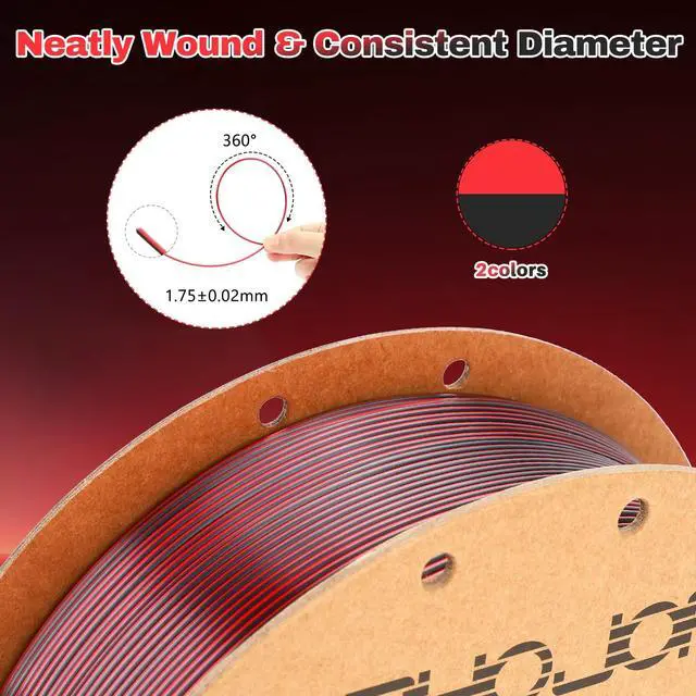 Alt view image 2 of 6 - Silk PLA Filament 1.75mm Black Red Dual Color PLA 3D Printer Filament 2 in 1 Coextrusion 1KG Spool(2.2lbs) 3D Printing Filament Dimensional Accuracy +/- 0.03mm