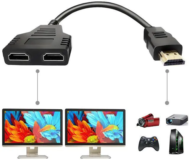 Main image of HDMI Splitter Adapter Cable - Hdmi Splitter 1 in 2 Out Male to Dual Female 1 to 2 Way for HD, LED, LCD, TV, Support Two The Same TVs at The Same Time Mirror Only