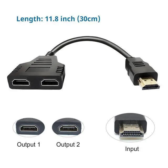 Alt view image 3 of 7 - HDMI Splitter Adapter Cable - Hdmi Splitter 1 in 2 Out Male to Dual Female 1 to 2 Way for HD, LED, LCD, TV, Support Two The Same TVs at The Same Time Mirror Only