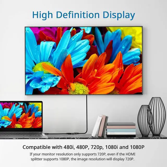 Alt view image 4 of 7 - HDMI Splitter Adapter Cable - Hdmi Splitter 1 in 2 Out Male to Dual Female 1 to 2 Way for HD, LED, LCD, TV, Support Two The Same TVs at The Same Time Mirror Only