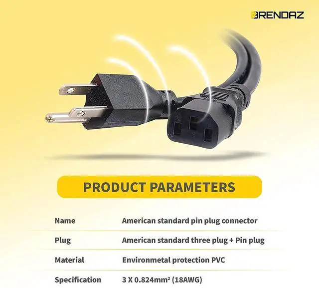 Alt view image 4 of 6 - Universal PC Power Cord - 3 Prong AC Power Cable Replacement for Computer, Monitor, Scanner, Printer - IEC 320 C13 to NEMA 5-15P, 18awg, 125V 10 Amp (6-FEET)