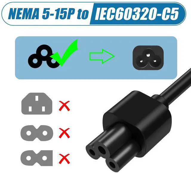 Alt view image 2 of 7 - 10ft 3 Prong AC Laptop Power Cord Cable, 90 Degree Angled, NEMA 5-15P to IEC-320-C5, 18AWG, Replacement for Dell Hp Lenovo Acer Laptop Notebook Computer Supply Adapter, Black