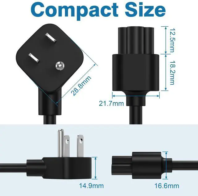 Alt view image 6 of 7 - 10ft 3 Prong AC Laptop Power Cord Cable, 90 Degree Angled, NEMA 5-15P to IEC-320-C5, 18AWG, Replacement for Dell Hp Lenovo Acer Laptop Notebook Computer Supply Adapter, Black