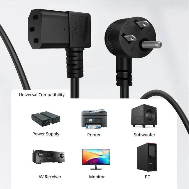 Alt view image 5 of 7 - 90 Degree PC Power Cord - Right Angle Computer Power Cable 3 Prong Replacement for Monitor, TV, Laptop - Universal AC Power Supply Cord Plug Wire, NEMA 5-15P to IEC320C13 UL, 10A/125V, 6 ft
