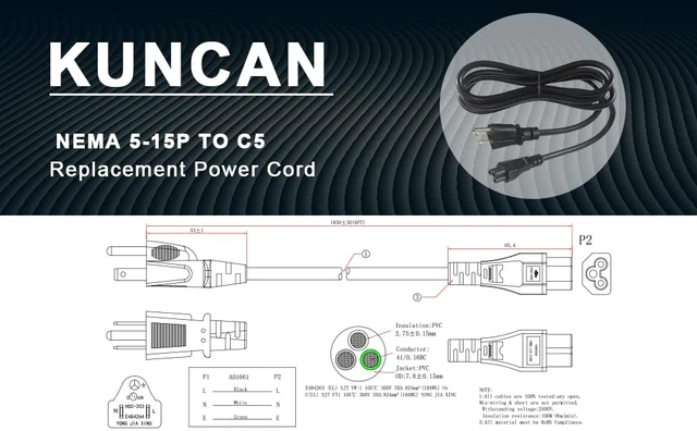 Alt view image 2 of 7 - US Standard Laptop Power Cord - 12FT / 3.6m 18AWG NEMA 5-15P to Iec 60320 C5 Universal 3 Prong AC Power Cable Replacement Desktop Charger 3 Pin 10A 125V Wire for Notebook Computer Adapter TV Printer